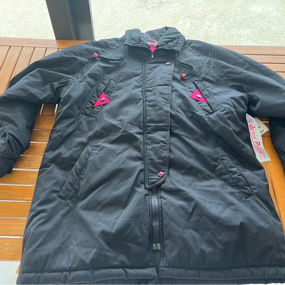 Arctic Point Ski Winter Jacket Coat Sz 13 14 Black Pink Cotton Poly Vintage 80s
